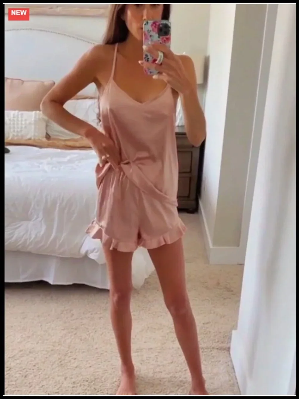 Women's Silk Satin Pajama Set - Ruffled Cami & Shorts - Sleepwear